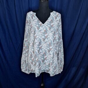 In'Voland Floral Blouse Womens 20W Blue Puff Sleeve V Neck Sheer Lined Boho Top